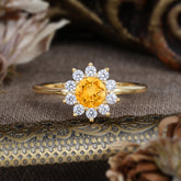 Flower Inspired Unique Cluster Ring Round Cut Citrine Engagement Ring